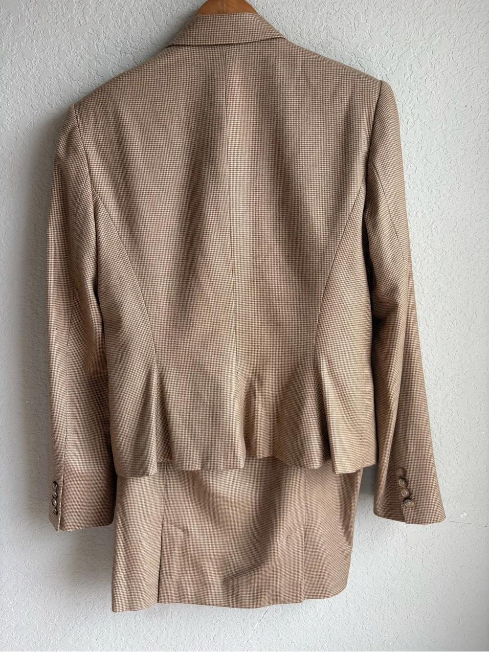 Ralph Lauren Vintage Wool Cashmere Skirt Suit Women US12 Camel Houndstooth silk